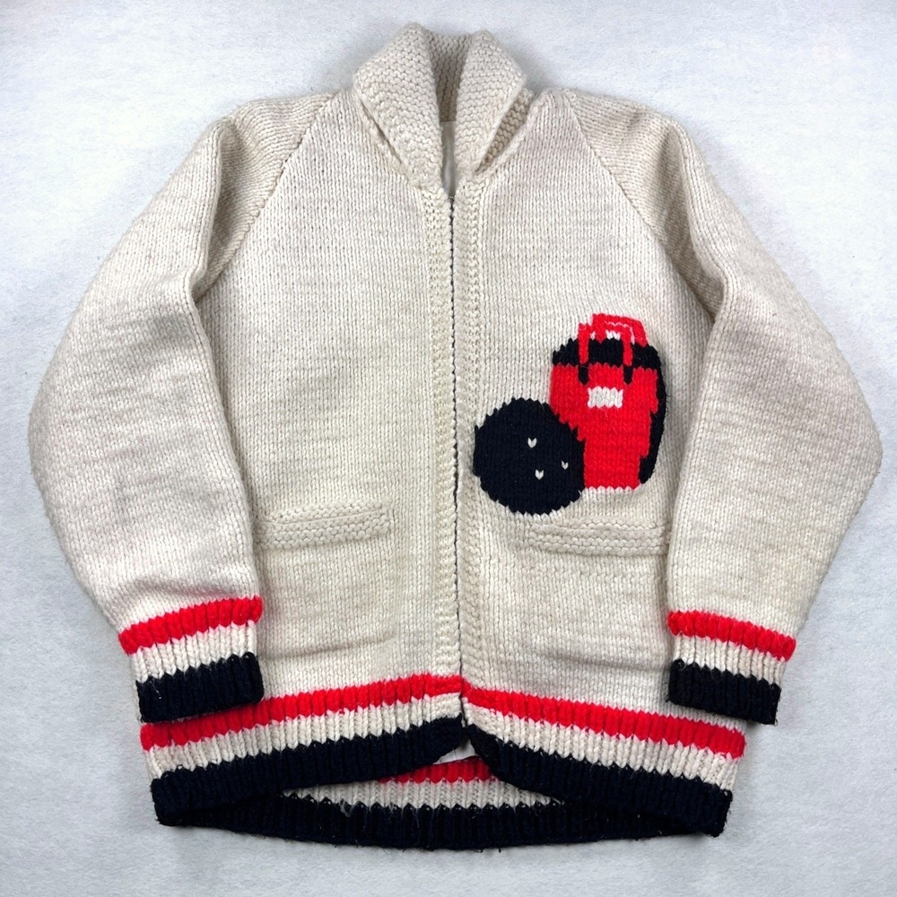Vintage Bowling Intarsia Cowichan Knit Zip Sweater Cream Red Navy Shawl Collar